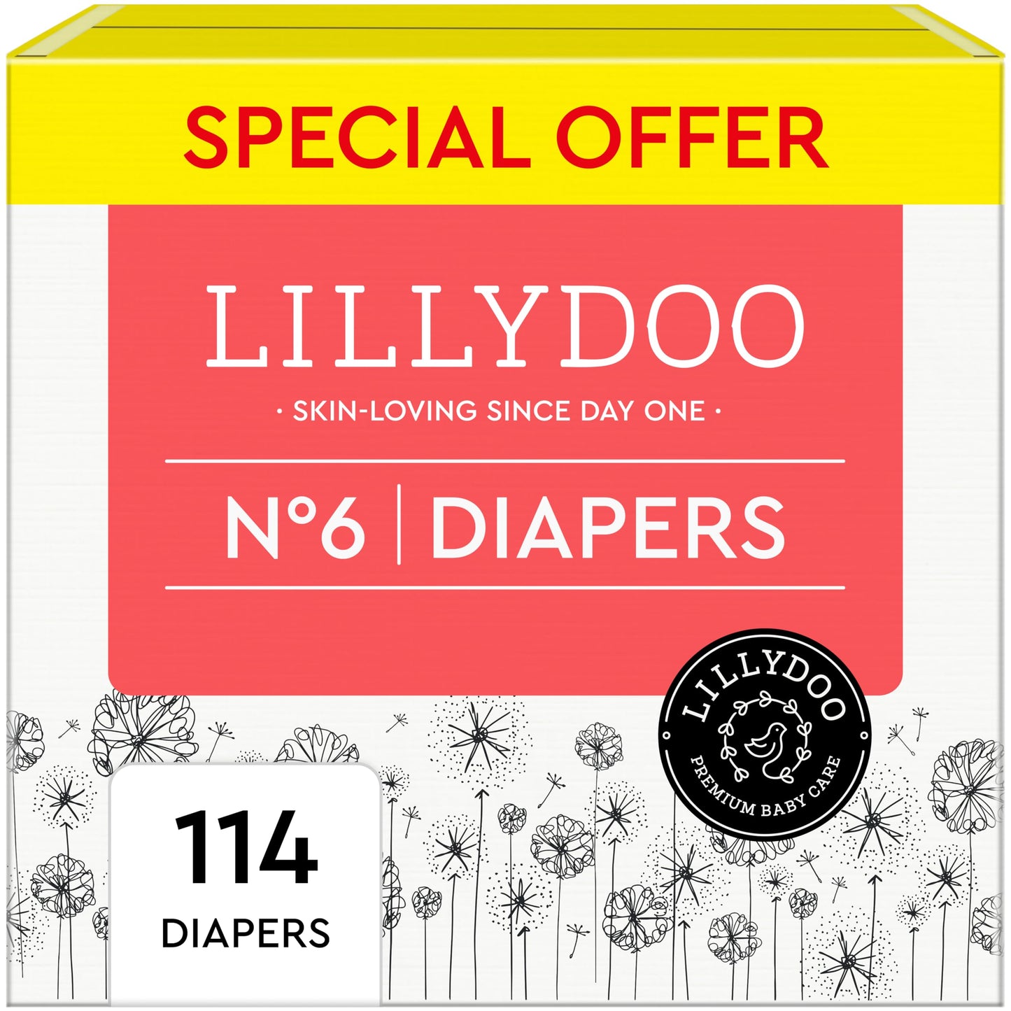 LILLYDOO Baby Diapers - Size 6 (29+ lbs), Monthly Supply (114 Count), Leak Protection, Skin-Friendly, Ultrasoft, Perfume- & Chlo