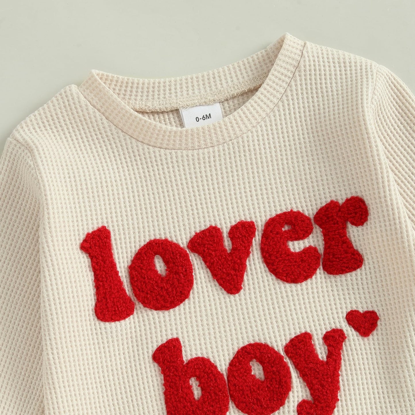 Lesimsam Toddler Baby Boy Valentine'S Day Outfit Letter Embroidery Long Sleeve Waffle Knit Sweatshirt And Pants Set(Apricot, 6-1