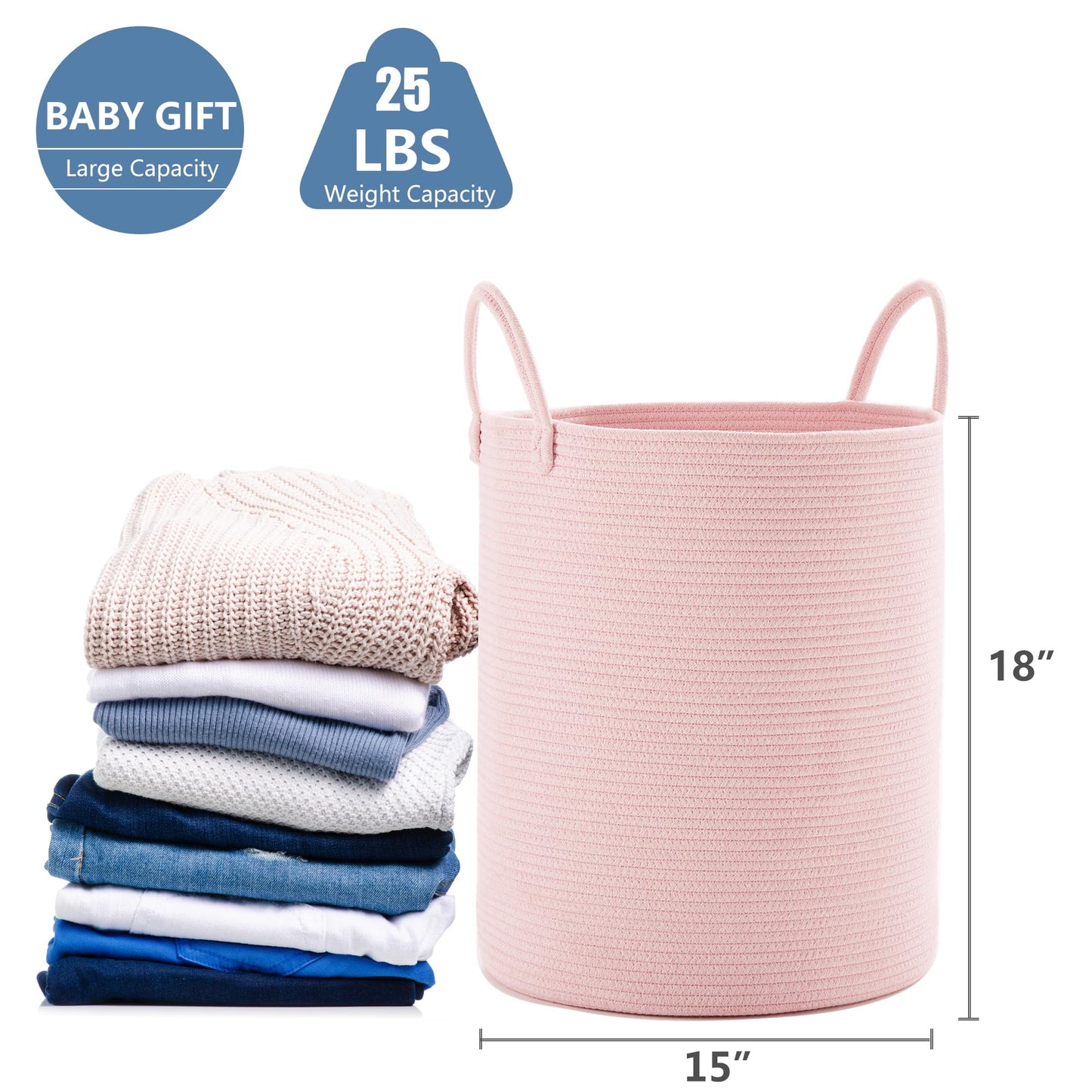 Mojoscend Pink Hamper Laundry Basket For Baby Girls Nursery Hamper For Kids Woven Rope Clothes Basket For Little Girls Room Bedr