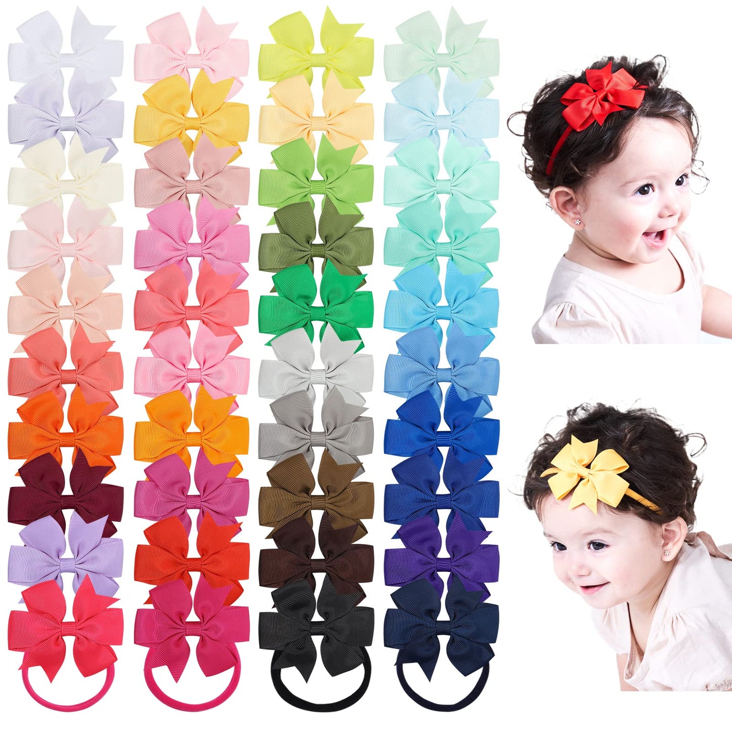 Jollybows 40Pcs Baby Girls Grosgrain Ribbon Hair Bows Headbands 3 ' Hair Band Hair Accessories For Infants Newborn Toddler