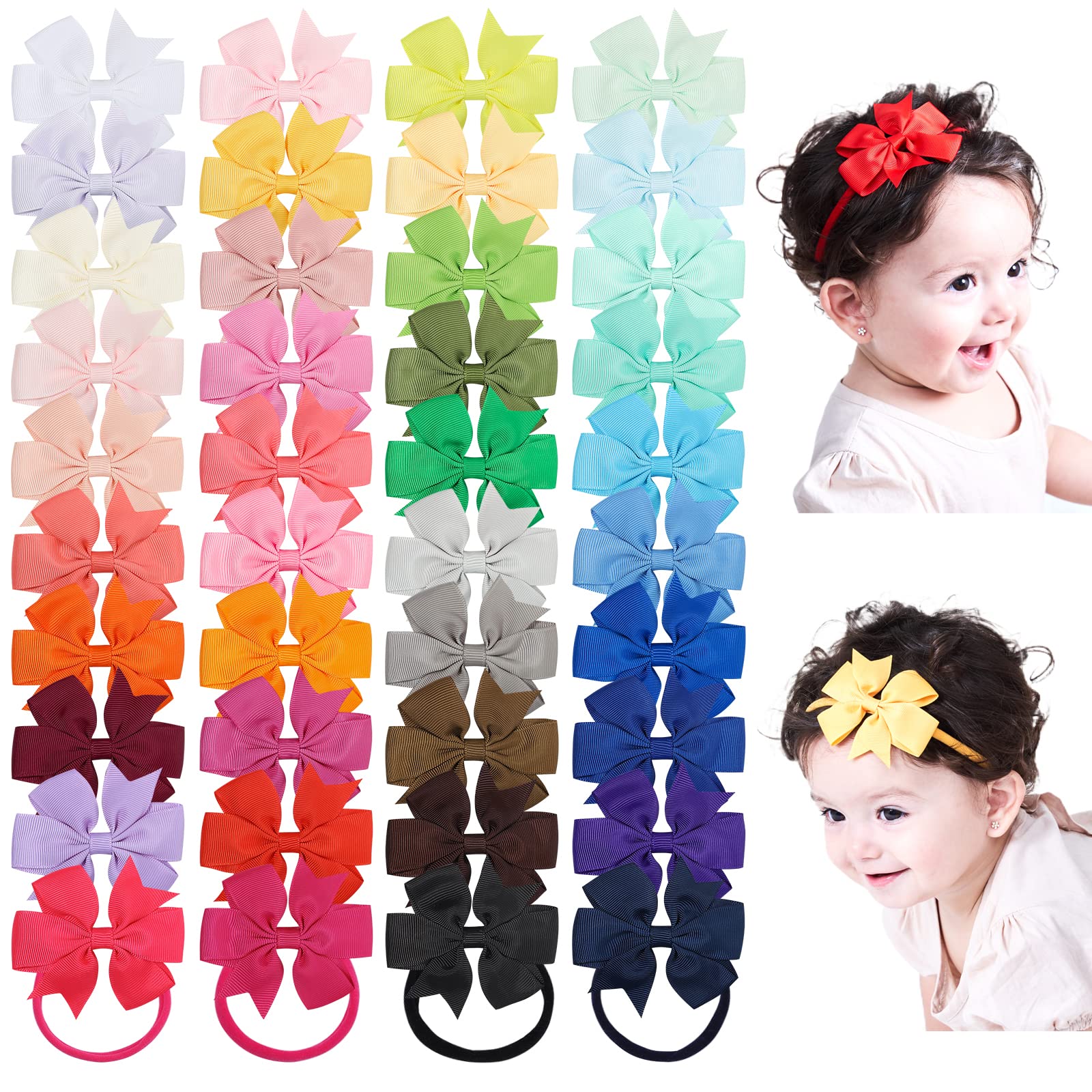Jollybows 40Pcs Baby Girls Grosgrain Ribbon Hair Bows Headbands 3 ' Hair Band Hair Accessories For Infants Newborn Toddler