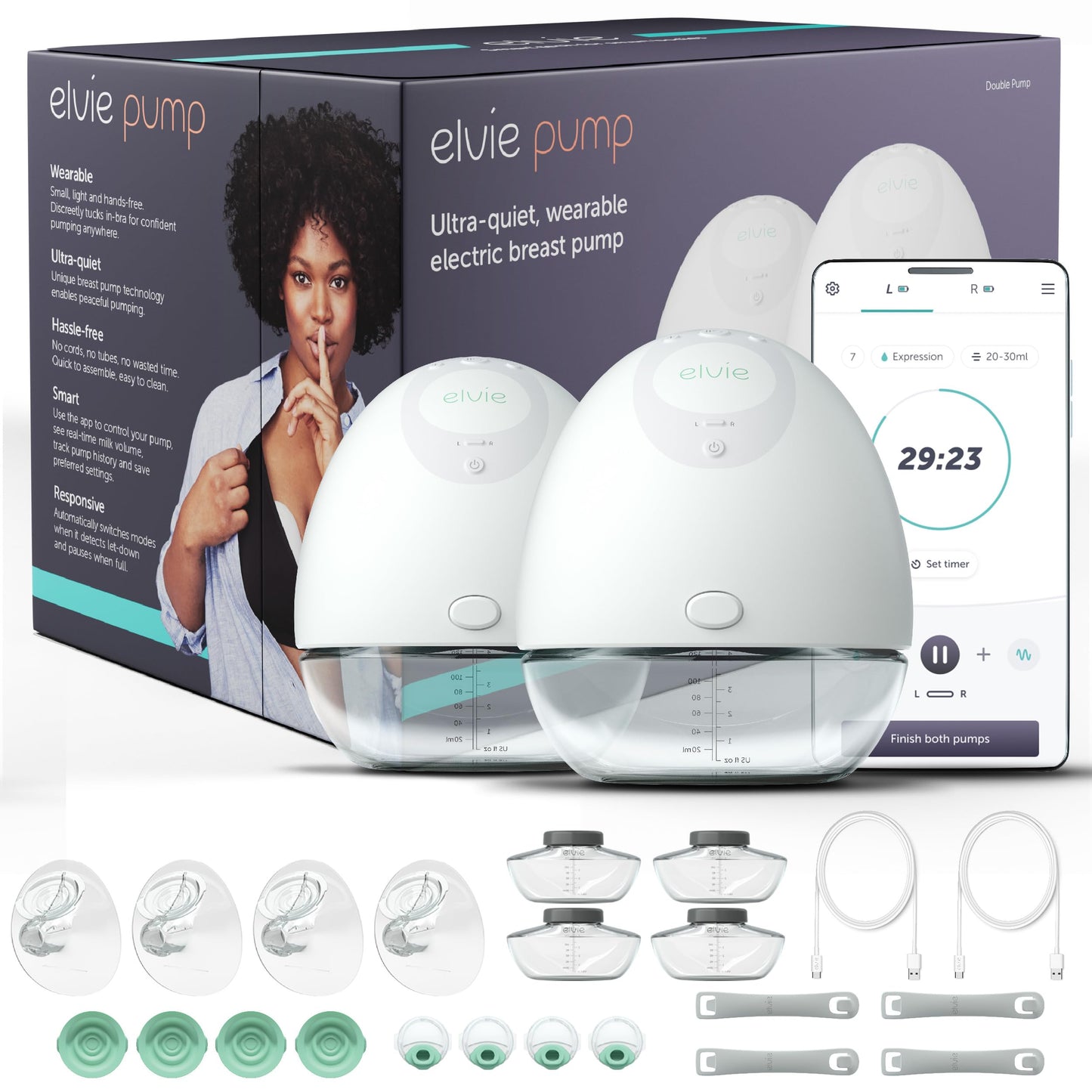 Elvie - Double, Wearable Breast Pump w/App - The Smallest & Quietest - Portable - Hands Free & Discreet - Automated w/Four Perso