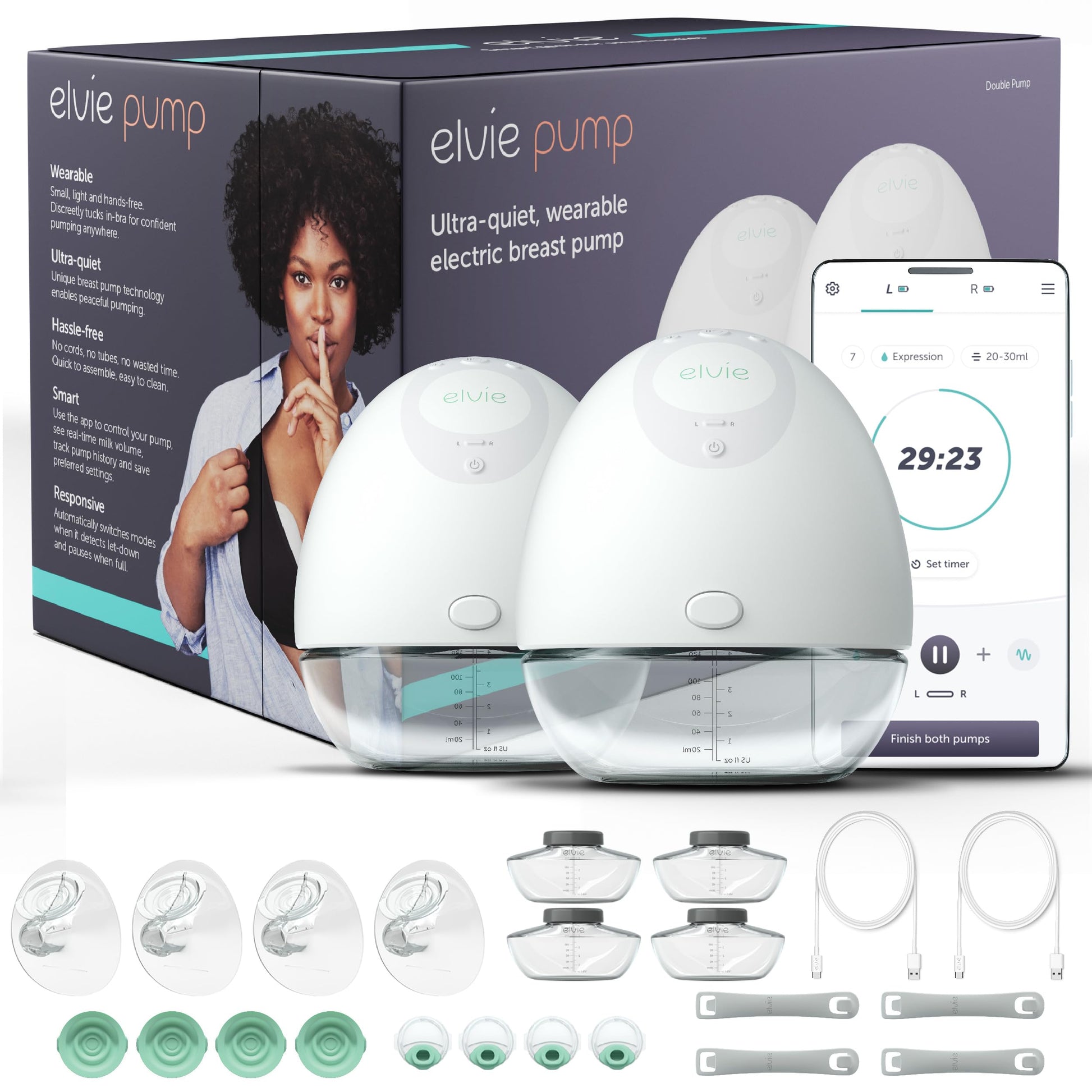 Elvie - Double, Wearable Breast Pump w/App - The Smallest & Quietest - Portable - Hands Free & Discreet - Automated w/Four Perso