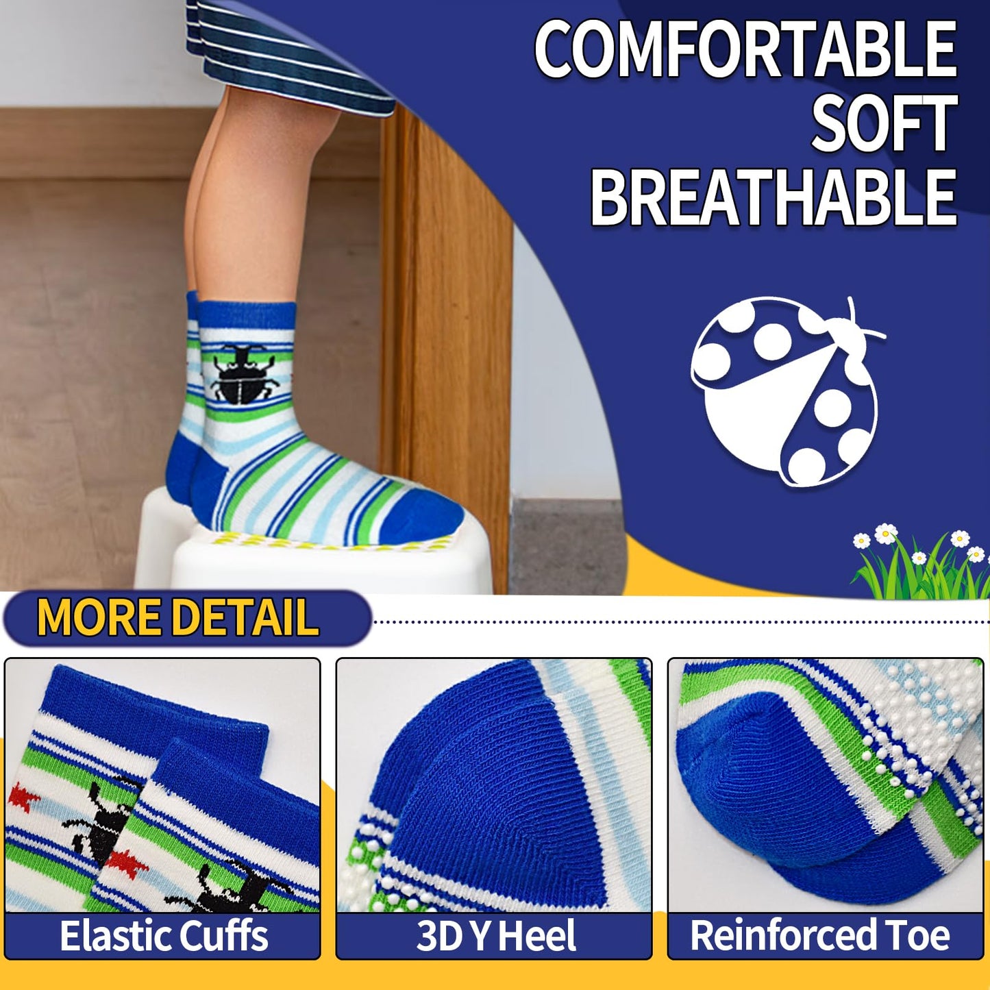 Hycles Toddler Socks With Grip Non-Skid 12 Pairs Baby Kids Sticky Slipper Cotton Crew Socks 3-5T Children/Boy/Girl