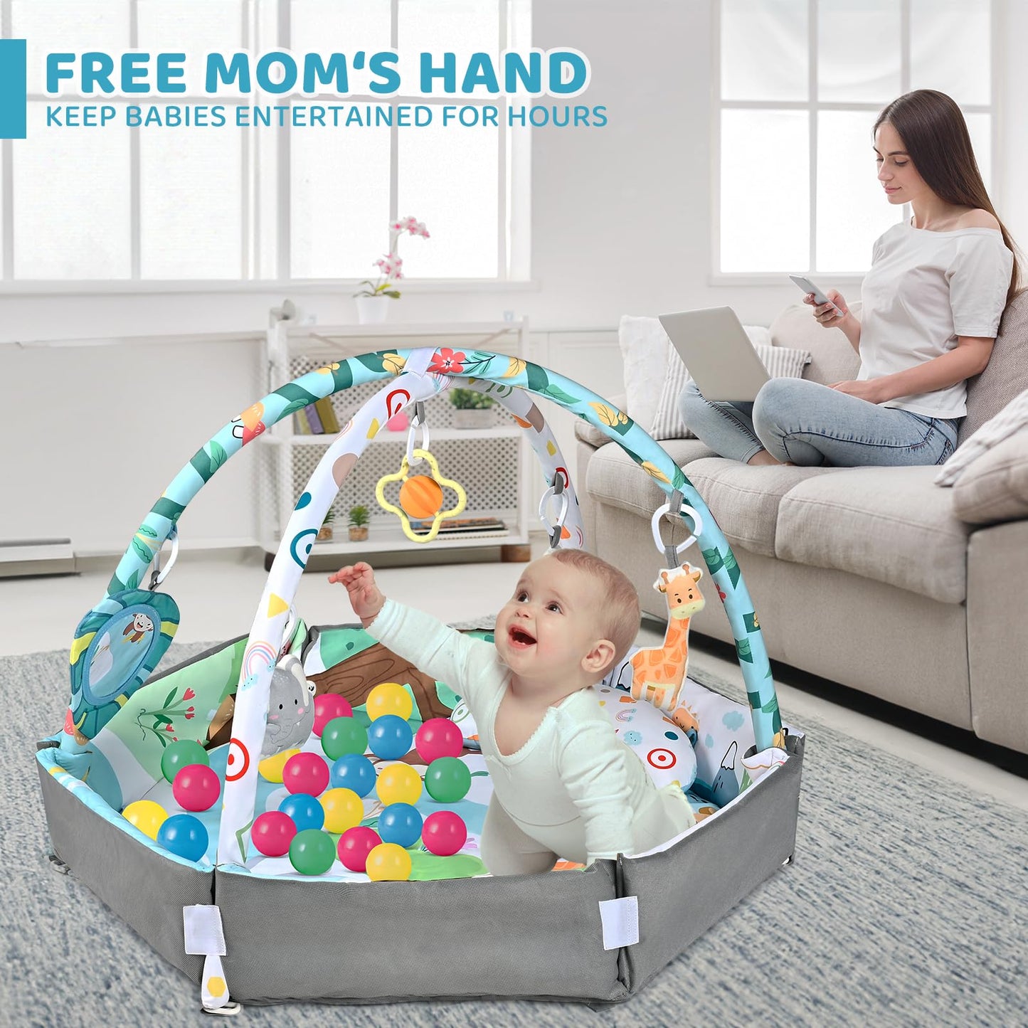 Baby Gym Play Mat, 8-In-1 Tummy Time Mat & Ball Pit With 6 Toys, Washable Baby Activity Play Mat For Visual, Hearing, Sensory, M