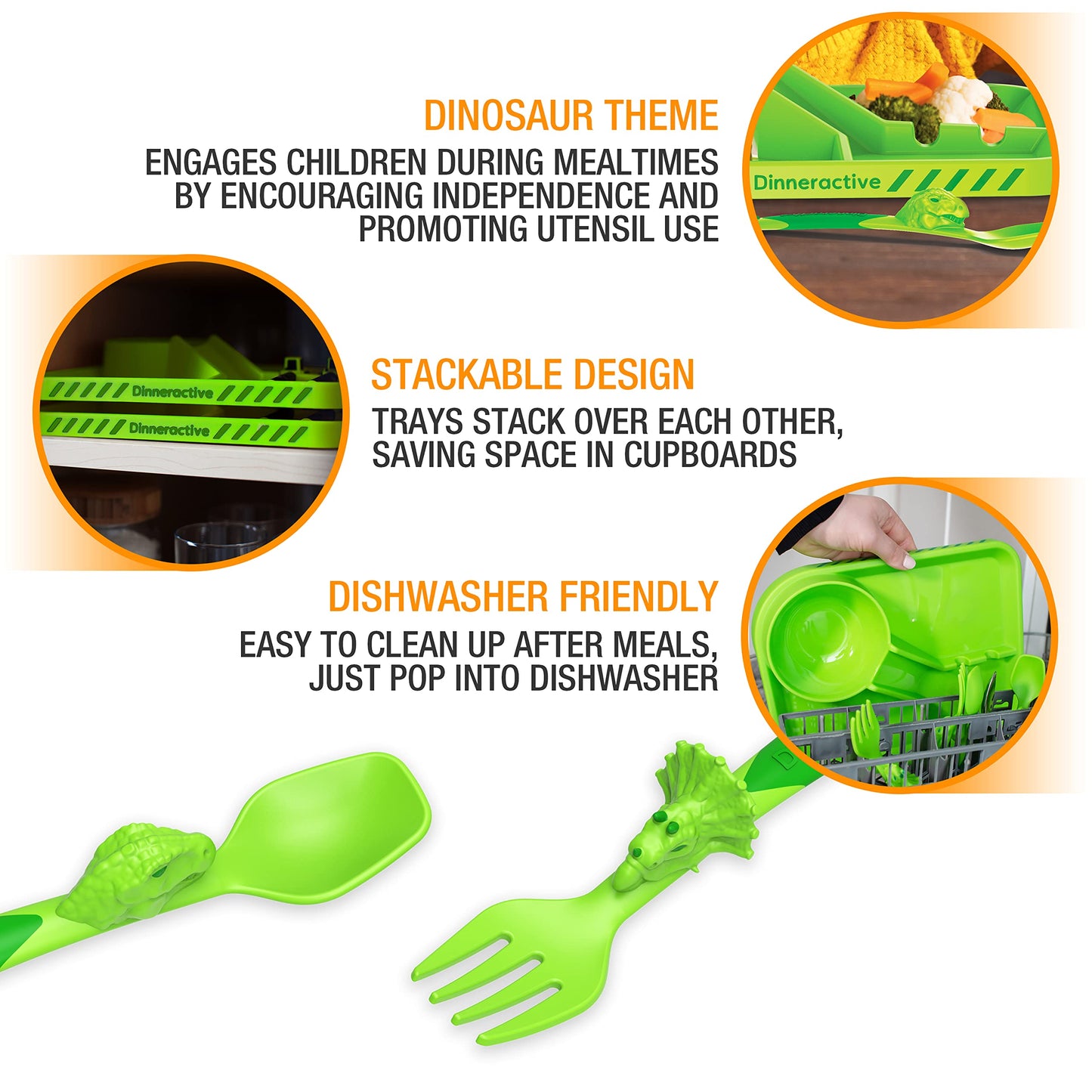 Dinneractive Dining Set For Kids - 3PC Green Dinosaur Dinnerware - Dinosaur Utensils - Toddler Plates - Baby Dishes