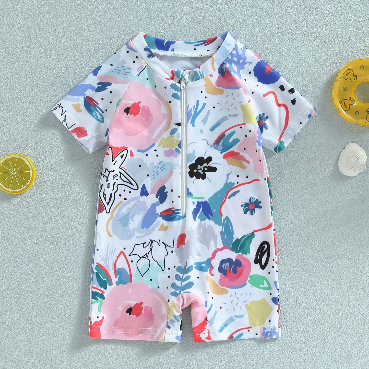 Niceclould Toddler Boy Girl Short Sleeve One Piece Zipper Swimsuit Watercolor Swimwear Romper Jumpsuit Beach Bathing Suit (Us, A