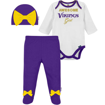 Gerber Nfl Minnesota Vikings 3 Pack Bodysuit Footed Pant And Cap Registry Gift Set, Purple/White Minnesota Vikings, 3-6M