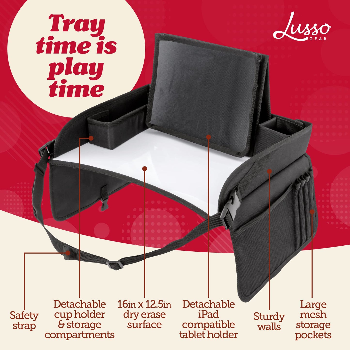 Lusso Gear Car Seat Tray - 1-Pack Black - 600D Oxford Lap Desk Organizer & Tablet Stand with Dry-Erase Surface, Snack & Cup Hold
