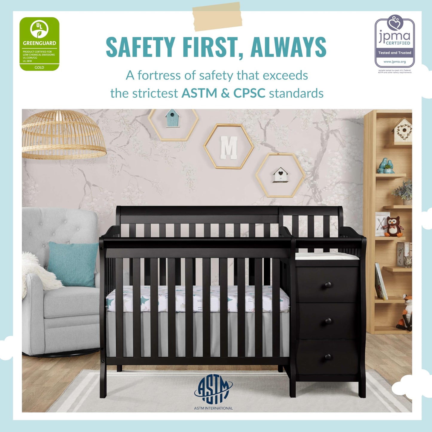 Dream On Me Jayden 4-In-1 Mini Convertible Crib And Changer In Black, Greenguard Gold Certified, Non-Toxic Finish, New Zealand P
