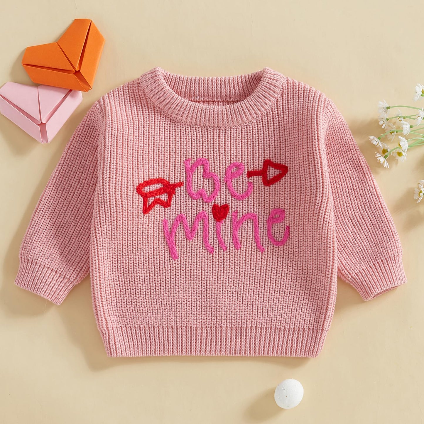 Nokpsedcb Baby Girl Cute Long Sleeve Heart Flowers Embroidery Oversized Sweater Toddler Valentine Outfit (Pink Be Mine, 3-4 Year