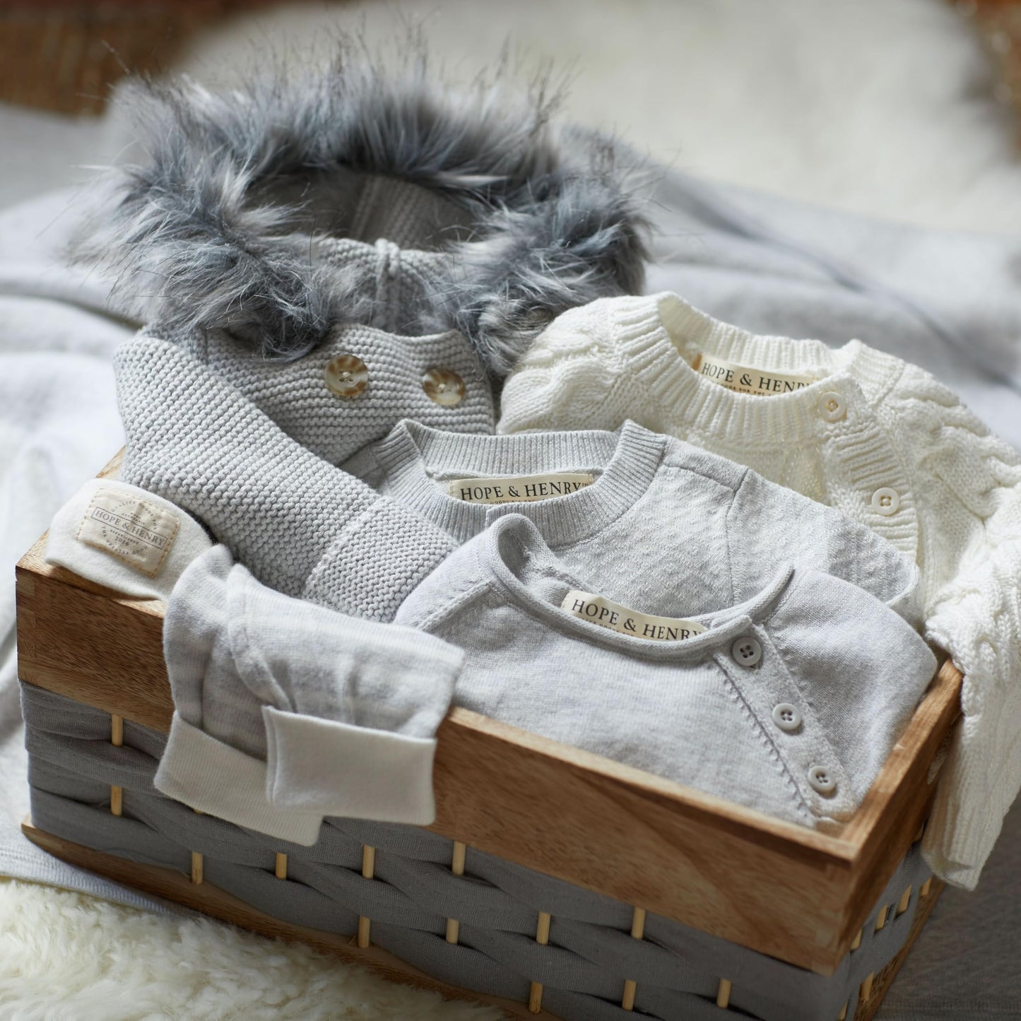 Hope & Henry Layette Grey Baby Sweater With Faux Fur Hood