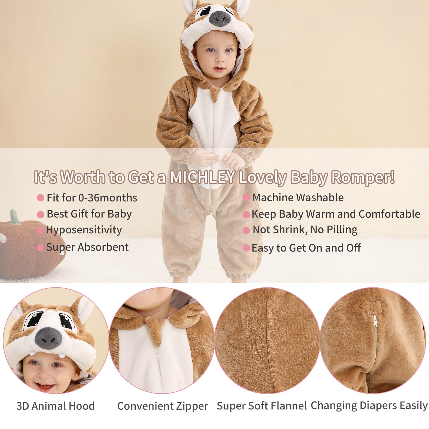 Michley Baby Gilrs Boys Romper With Hood Soft Flannel Halloween Animal Onesie Outfit 13-18 Months, Brown, Size 90