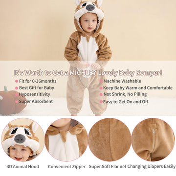 Michley Baby Gilrs Boys Romper With Hood Soft Flannel Halloween Animal Onesie Outfit 13-18 Months, Brown, Size 90