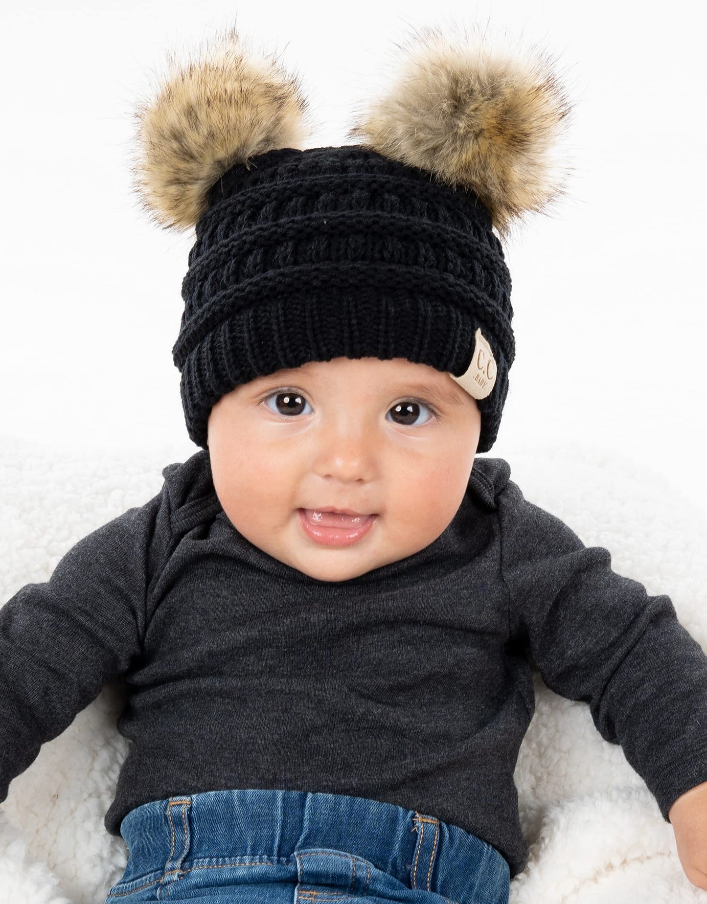Funky Junque Exclusives Baby Girl Winter Hat Double Pom Pom Beanie, Black, Infants 0-12 Months