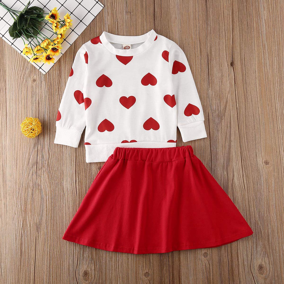 Toddler Girl Valentines Day Outfit Love Heart Sweatshirt Long Sleeve Shirts And Red Skirts Set Winter Spring Clothes (Red Heart