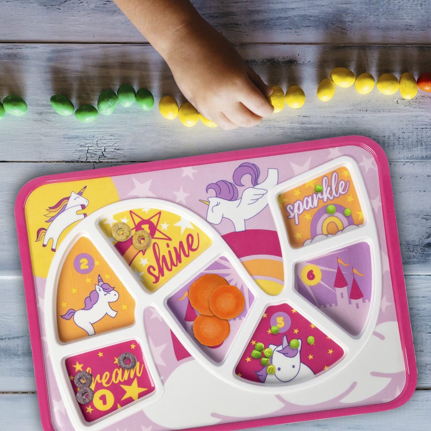 Gsm Brands Kids Dinner Plate For Picky Eating Toddlers: Healthy Constructive Fun Meal Time, Divided Portions, Rainbow Unicorn Th