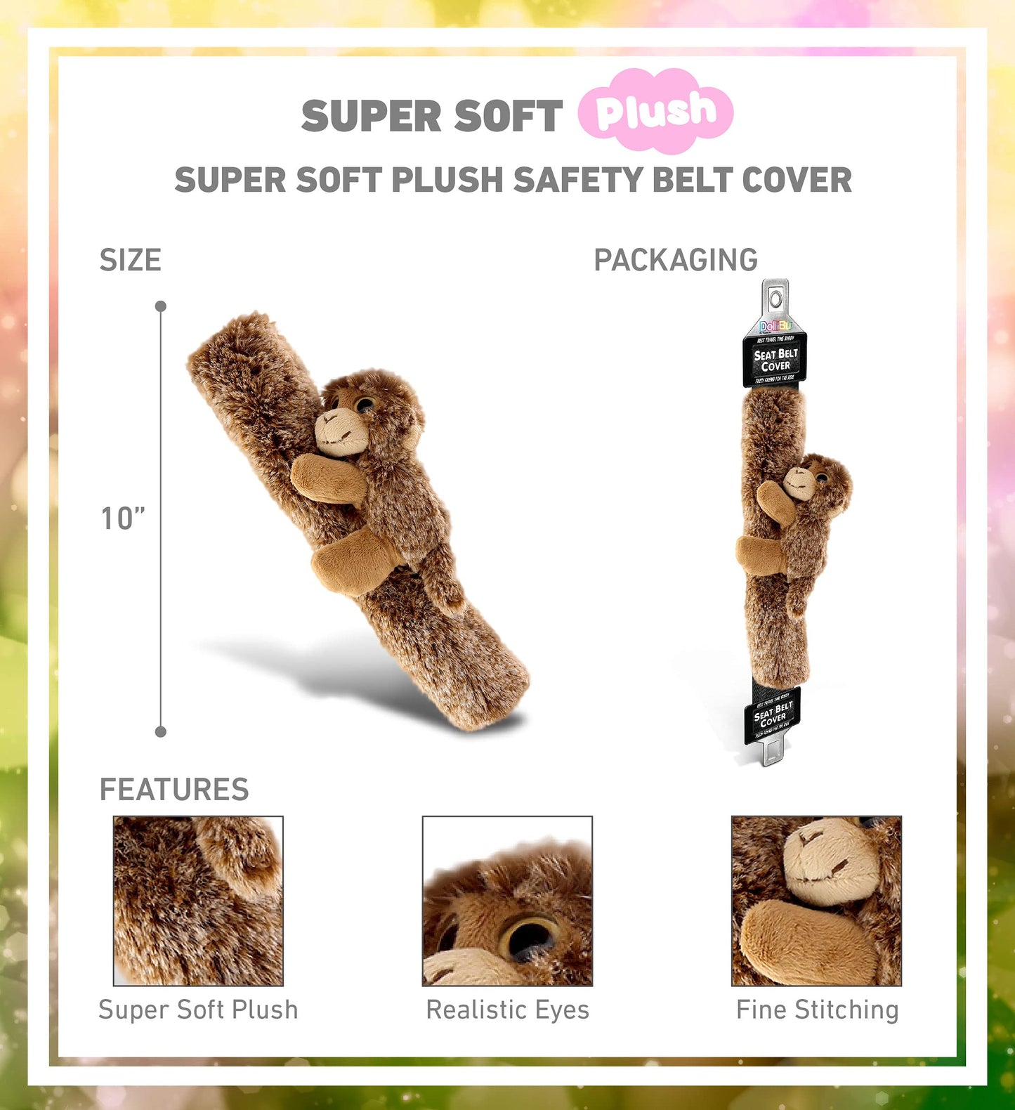 Dollibu Brown Monkey Plush Car Seatbelt Cover - Soft Fluffy Cushion Support For Safety Seat Belt Strap Cover, Decorative Wild Li