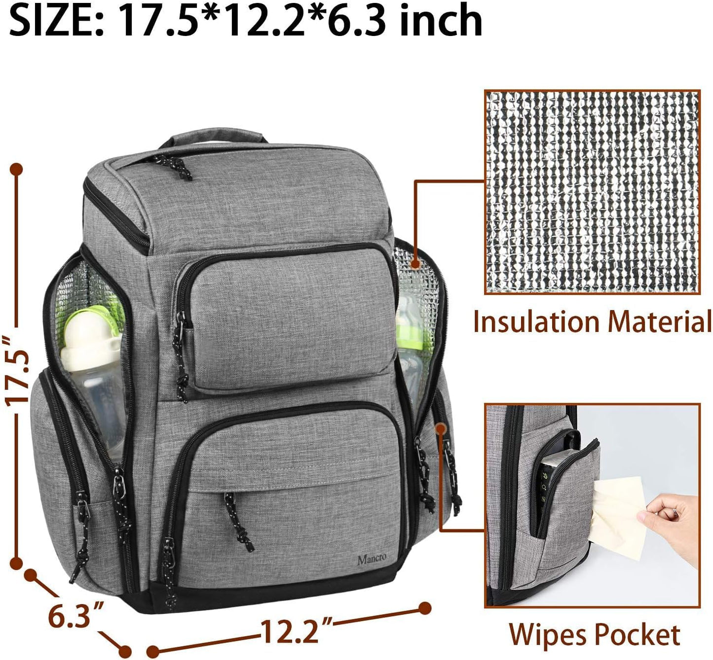 Mancro Diaper Bag Backpack, Multifunctional Travel Dad Diaper Bag With Insulated Pockets, Large Capacity Baby Diaper Backpack Fo