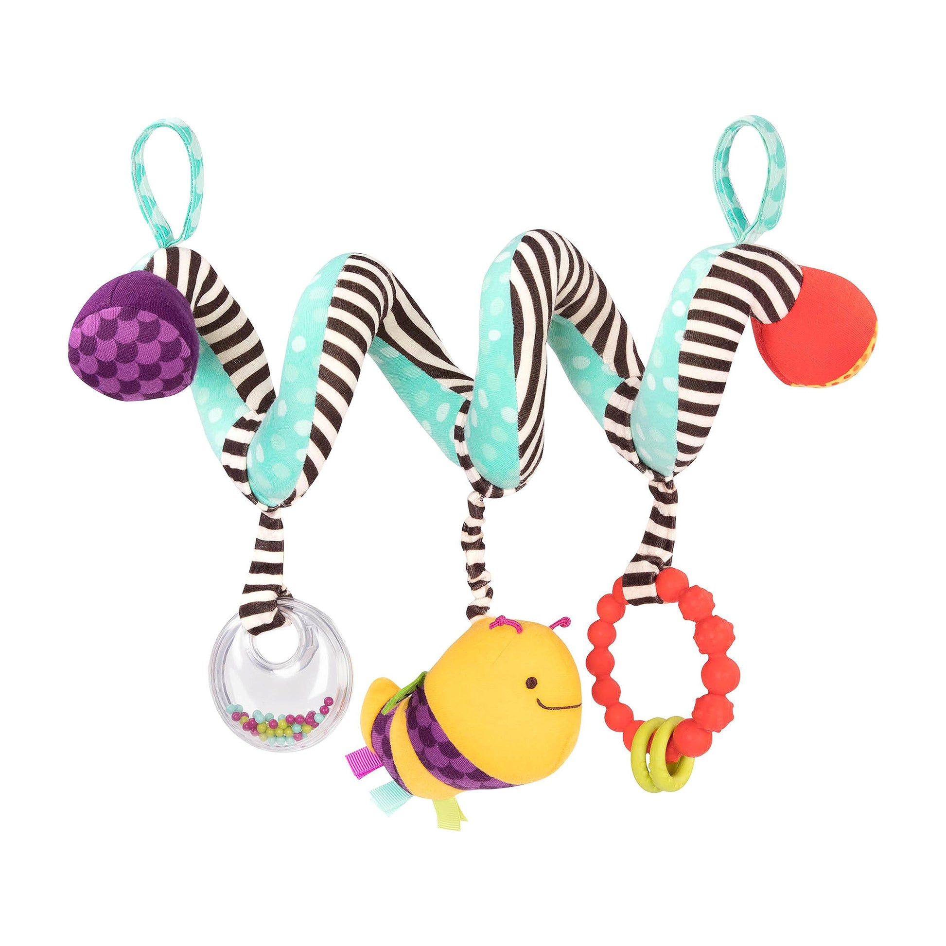 B. toys- B. baby- Wiggle Wrap- Baby Toy - Toy for Car Seat, Stroller, Crib - Spiral with 3 Hanging Toys - Rattle, Plush Bee & Te