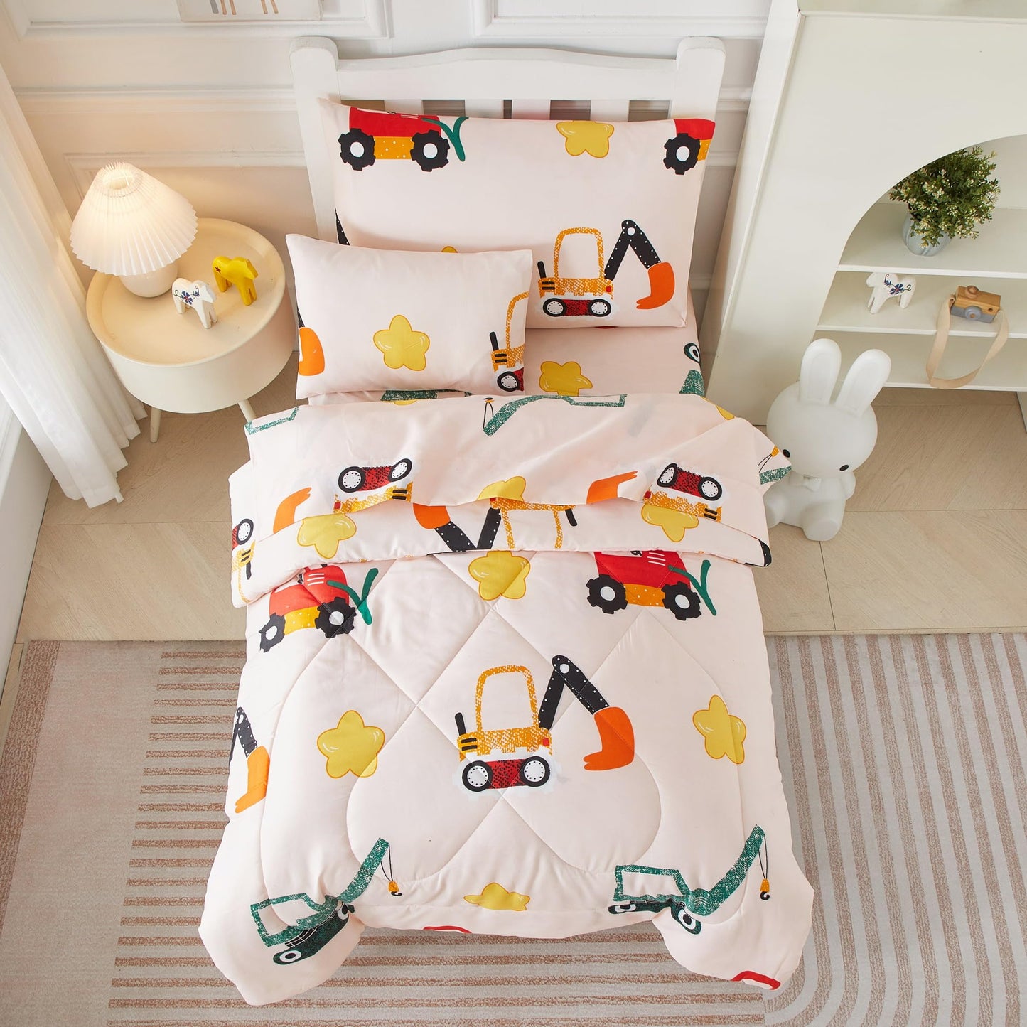 Mucalis 5 Pieces Toddler Bedding Set Engineering Vehicle Cars Toddler Comforter Set For Boys Girls Excavator Theme Crib Bed Sets