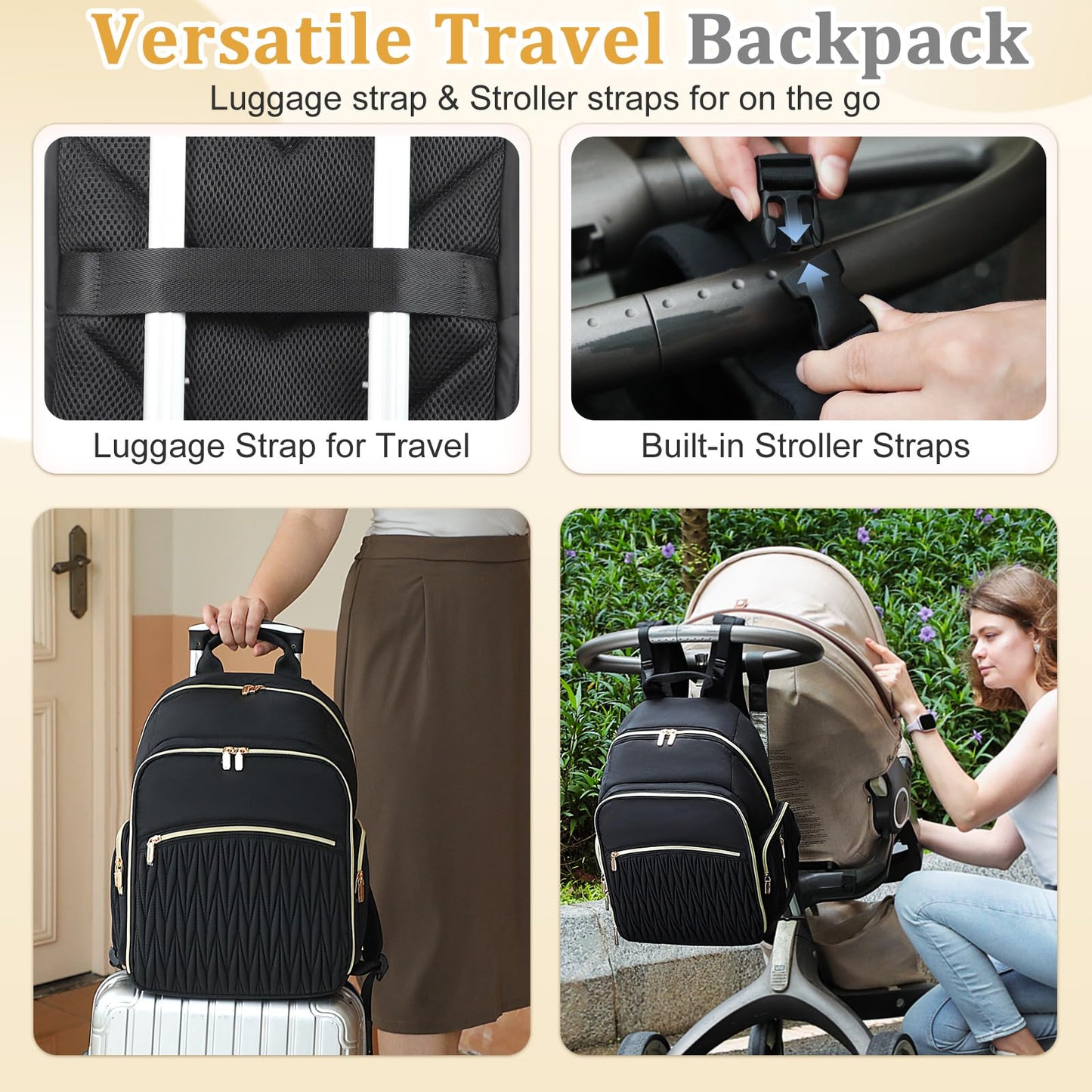 Miss Fong Diaper Bag Backpack - Baby Diaper Bag With Diaper Changing Pad Quilted Travel Diaper Backpack With 16 Pockets Waterpro