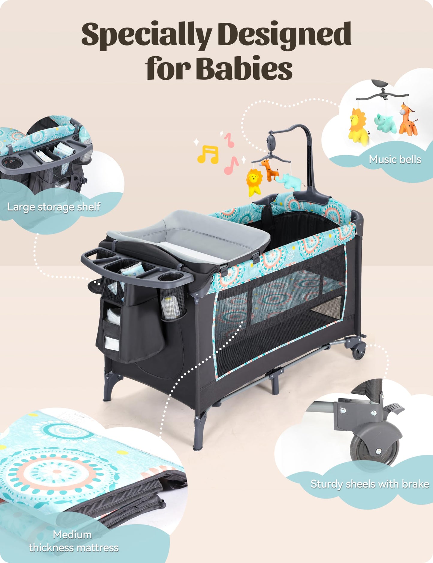 Cozibb Baby Bassinet Bedside Crib 5 In 1 With Detachable Changing Table, Pack And Play With Mattress, Storage, Music And 3 Adjus