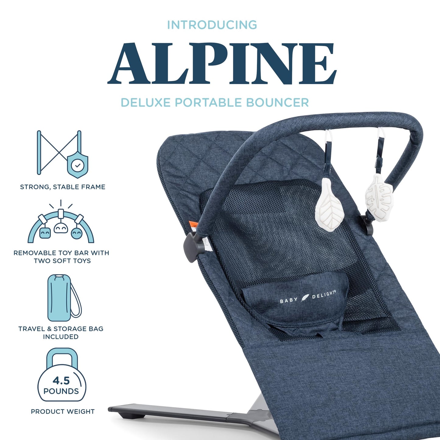 Baby Delight Alpine Deluxe Portable Bouncer, Infant, 0 - 6 Months, Quilted Indigo