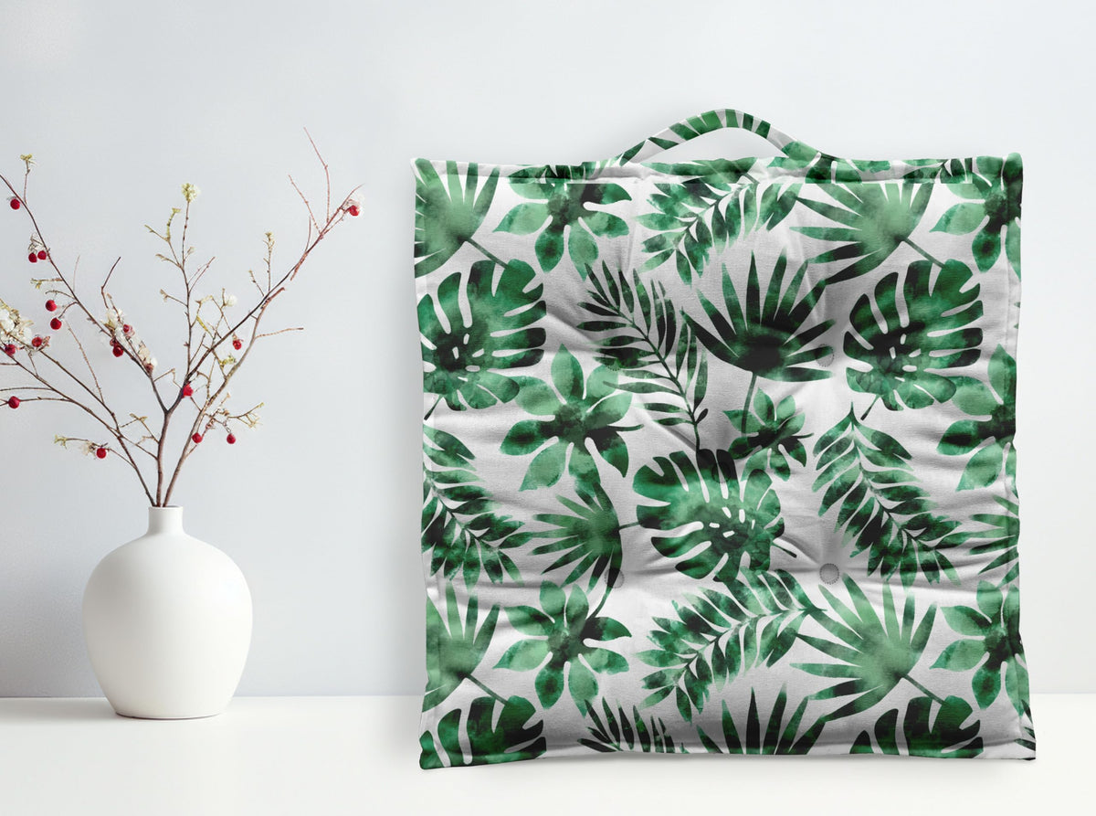 Oasis Home Collection Cotton Shell with Natural Cotton Printed Floor Cushion  Big Leaf, Set of 1