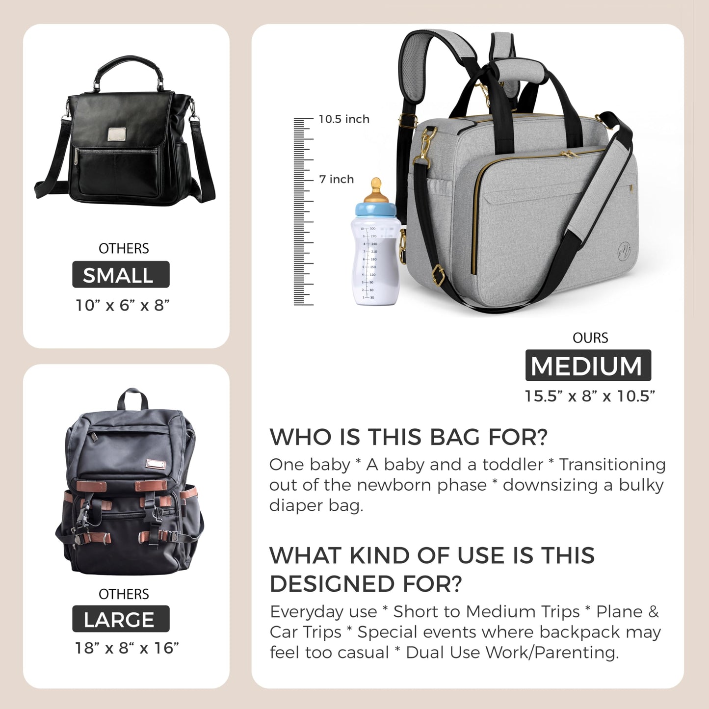 Mellories 4 in 1 Convertible Baby Diaper Bag - Converts from Tote to Backpack, Stroller & Crossbody Diaper Bag - Gray Baby Trave
