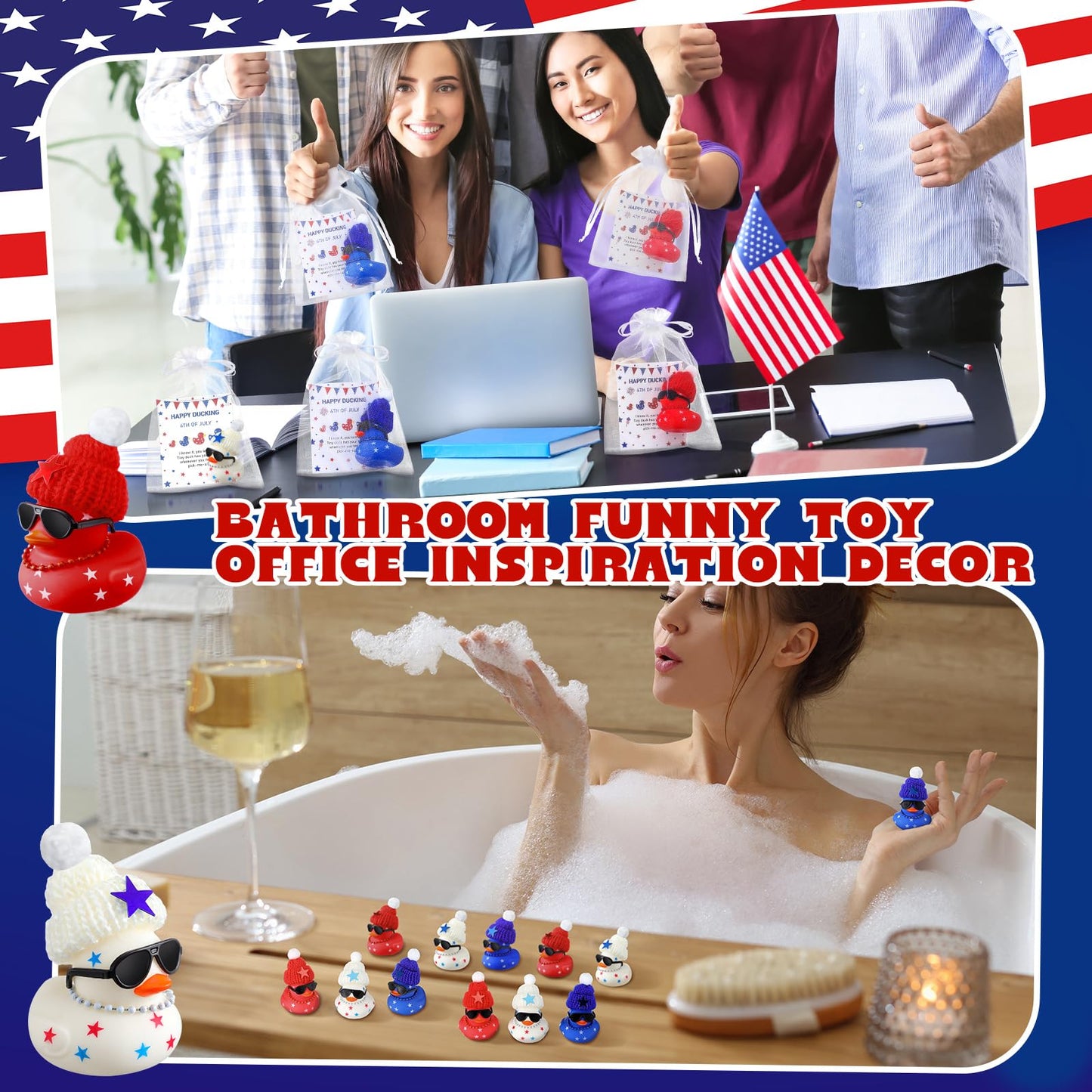 Lunmon 200 Pcs 4th of July Party Favor 50 Pcs Red White Blue Patriotic Rubber Duck 2 Inch Sunglass Independence Day Duck for Bat