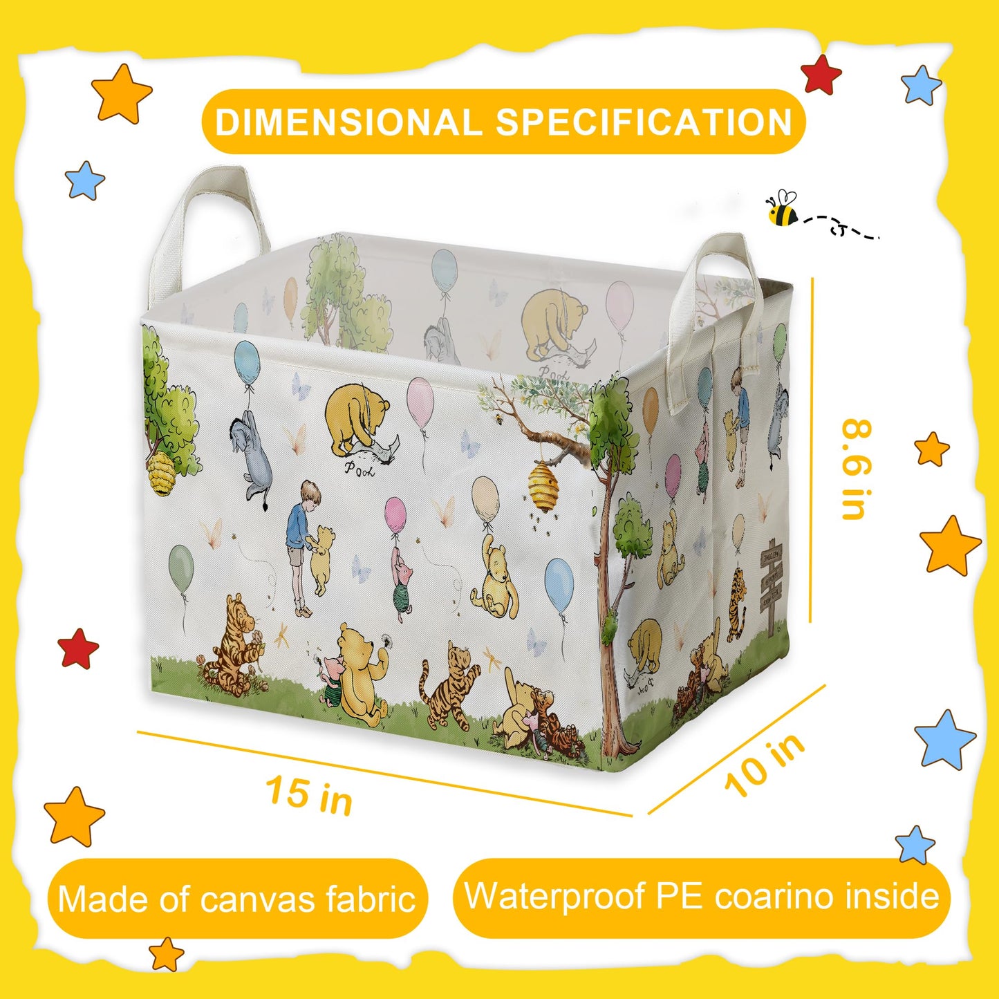 Zsatuiy Winnie Baby Stuff,Winnie Storage Nursery Basket, Large Squarecanvas Laundry Hamper With A Waterproof Pecoating, Foldable