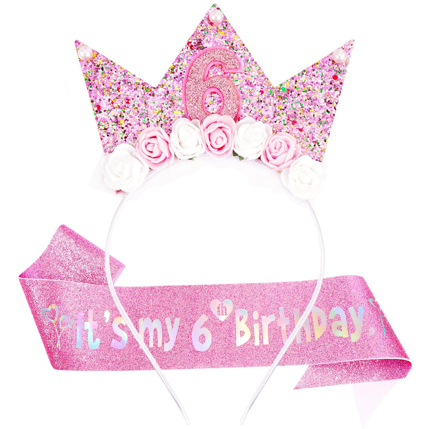 Vovii 6Th Birthday Decorations For Girls, Birthday Girl Headband & Glitter Sash Set For 6 Year Old Girl Birthday Decorations, Bi