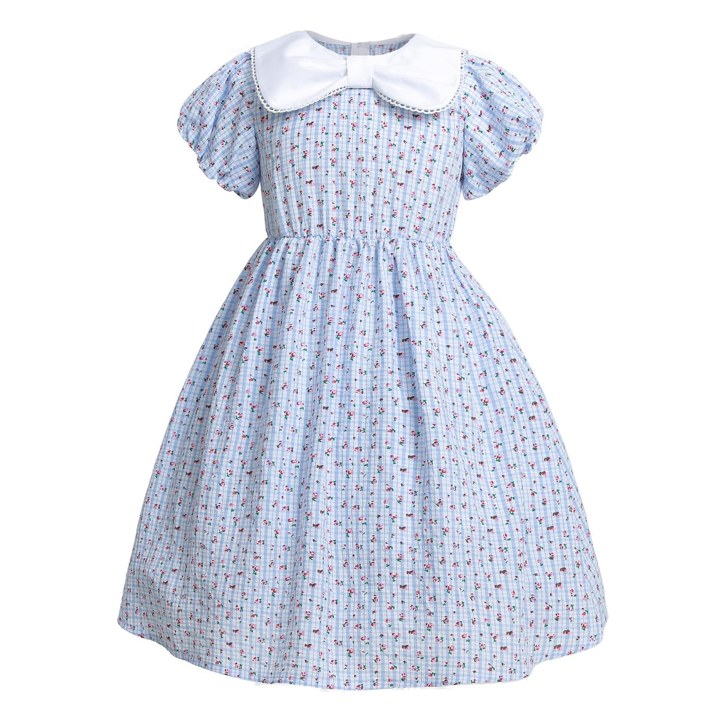 Ltakk Prairie Dresses Girls Pioneer Colonial Costume Girl Pilgrim Dress With Apron And Bonnet, Blue Plaid Floral, Large, Age Ove