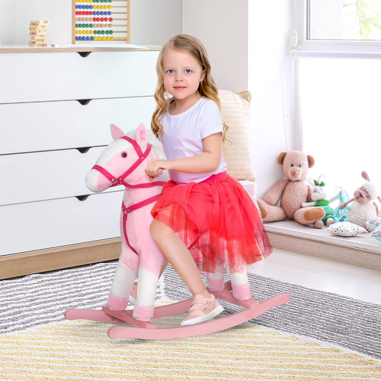 Qaba Kids Rocking Horse Plush Ride On Toy Toddler Rocker for Boys Girls Gifts with Realistic Sounds, Pink