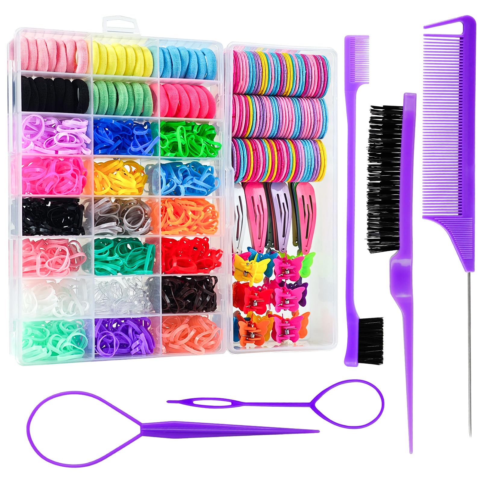 Hair Accessories Set For Girls Toddlers - Colorful Small Bands For Hair, No Damage Elastic Hair Ties, Clips And Topsy Tail Tools