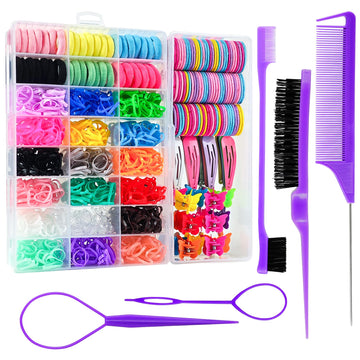 Hair Accessories Set For Girls Toddlers - Colorful Small Bands For Hair, No Damage Elastic Hair Ties, Clips And Topsy Tail Tools