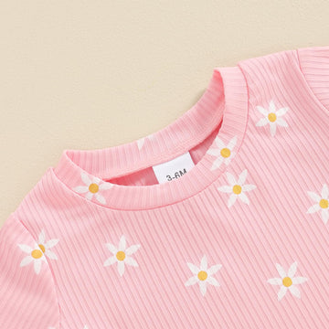 Kupretty Toddler Baby Girl Summer Clothes Ruffle Ribbed Knit Short Sleeves T-Shirt Tops + Shorts Cute Outfits Set (T-Pink Floral
