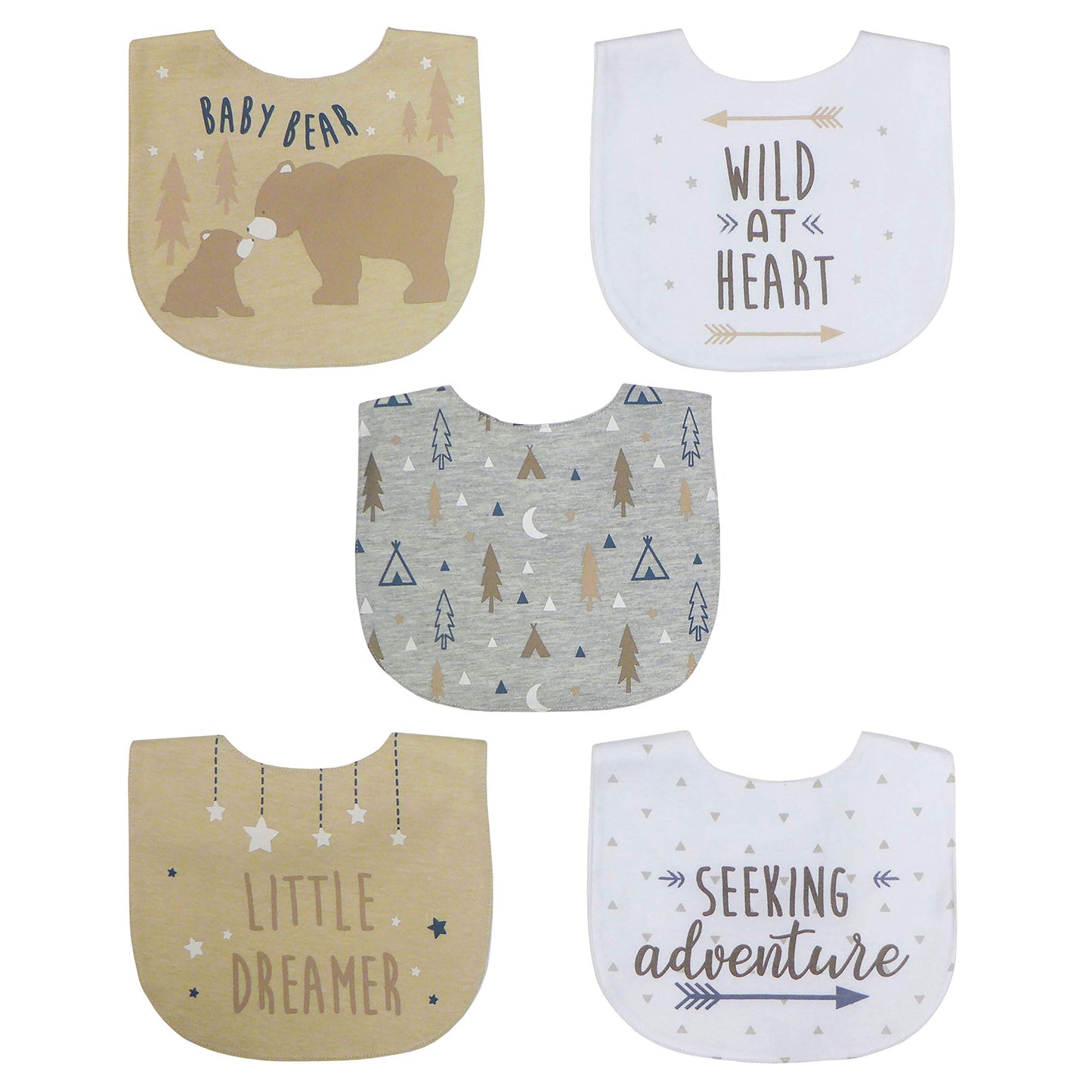Neat Solutions 5 Pack Aspirational Bib Set With Mixed Fabrics & Water Resistant Inner Core - Boy, Grey Oatmeal While