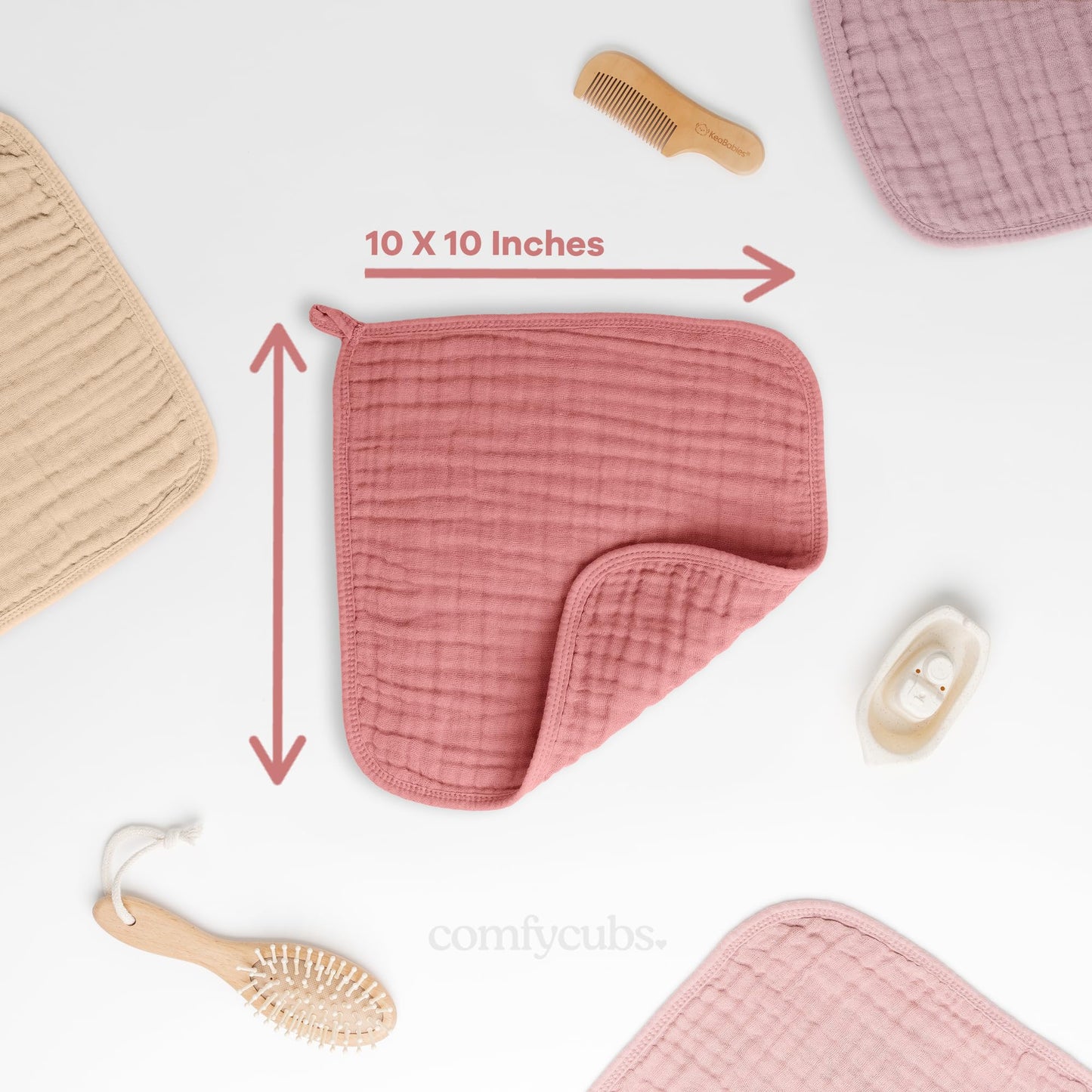 Comfy Cubs Muslin Baby Washcloths 10 Pack - Soft 6-Layer Cotton Wash Cloths For Sensitive Skin - 10'X10' Large, Gentle, Absorb