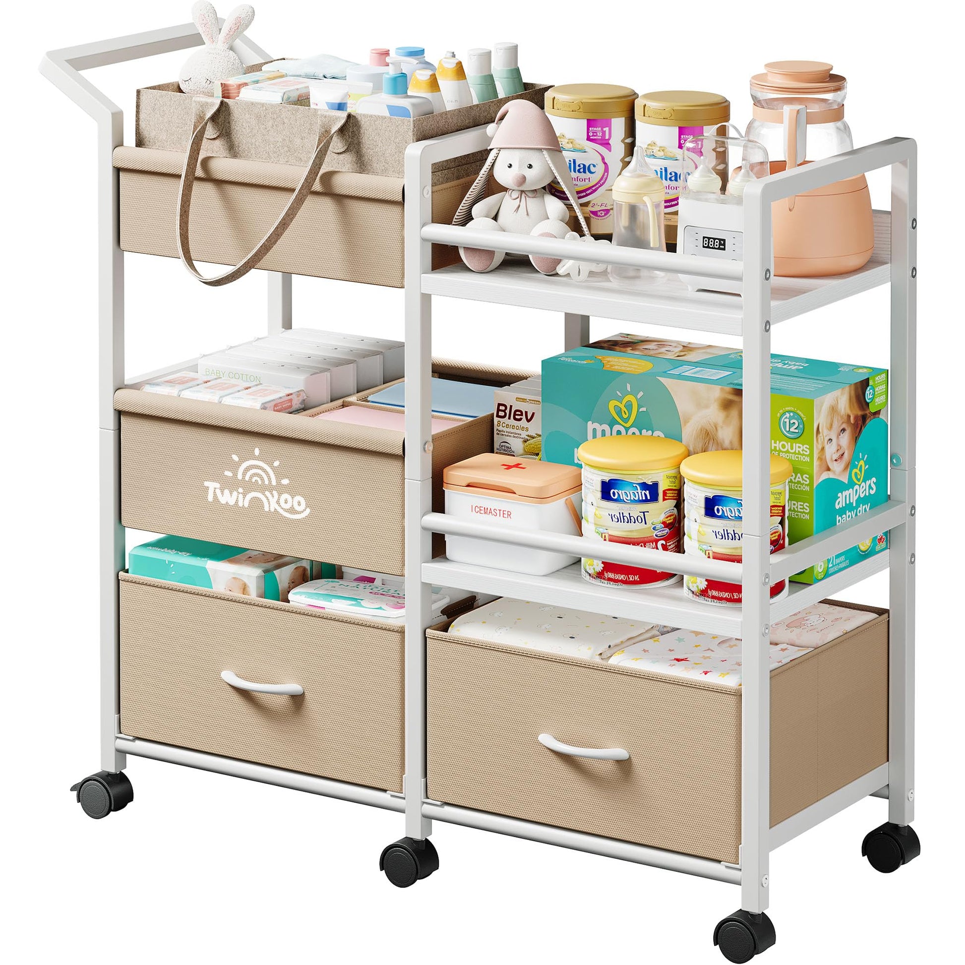 Twinkoo Baby Diaper Caddy Organizer, 3 Tier Rolling Storage Cart with Dividers and Drawers, Bedside Utility Cart for Nursery Ess
