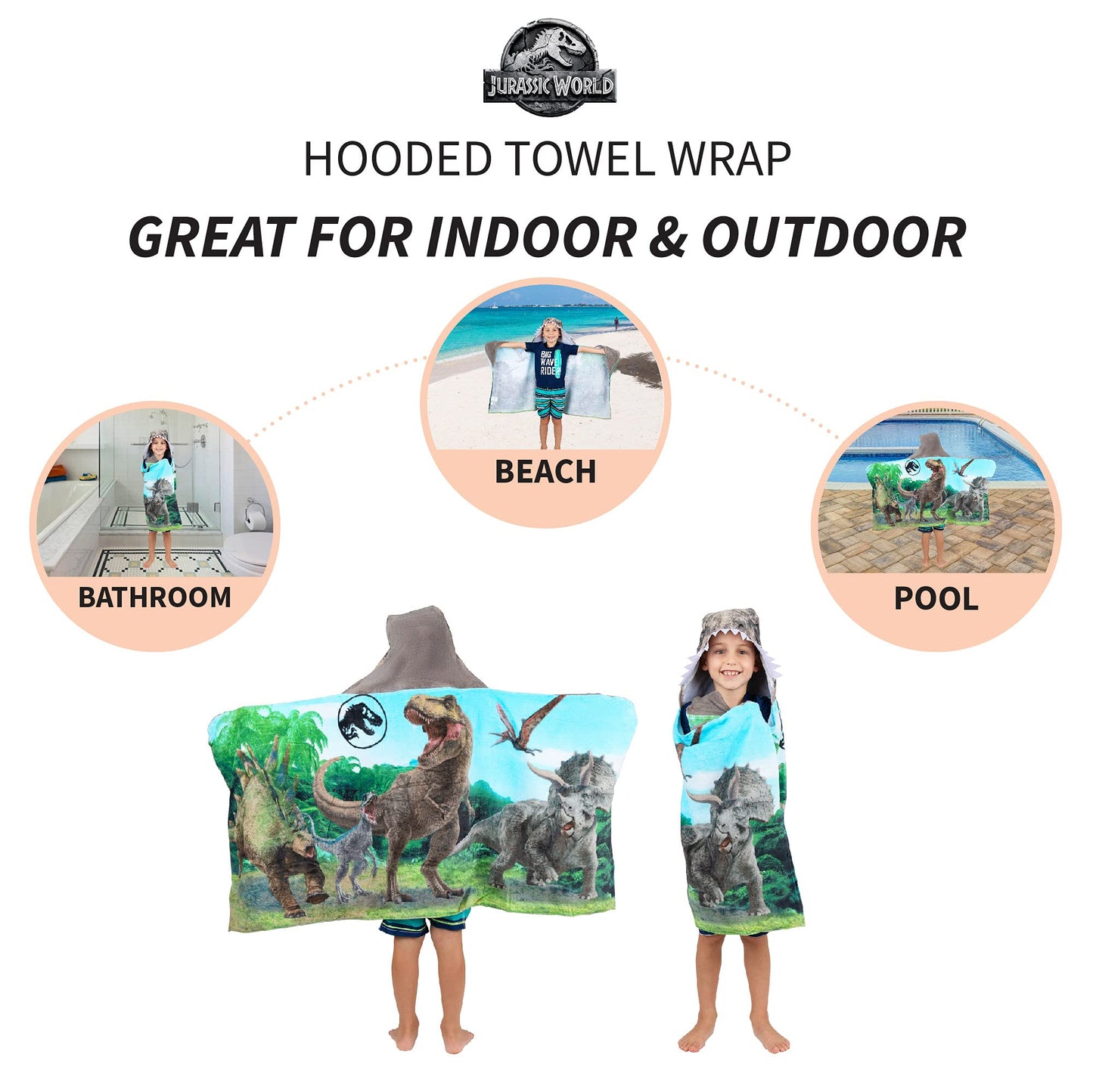 Franco Kids Bath And Beach Soft Cotton Terry Hooded Towel Wrap, 24 In X 50 In, Jurassic World