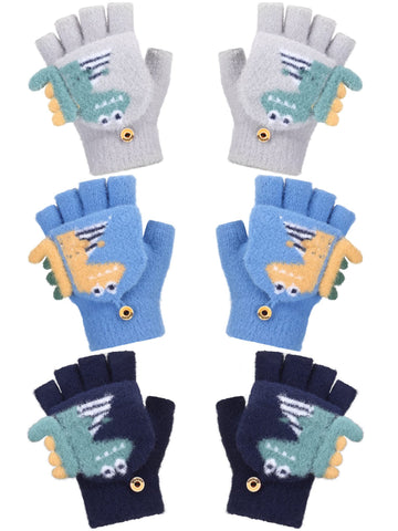 Bencailor 3 Pair Convertible Mittens Kids Knitted Warm Fingerless Gloves Toddler Cartoon Gloves with Mitten Cover for Boy Girl (