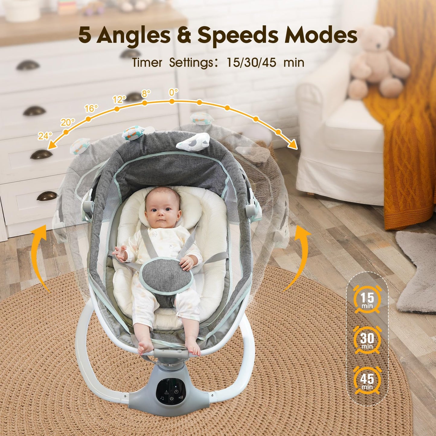 Electric Baby Swing For Infants To Toddler, Portable Swing Baby Rocker With 5 Point Harness, 5 Sway Speed, Bluetooth,12 Preset L