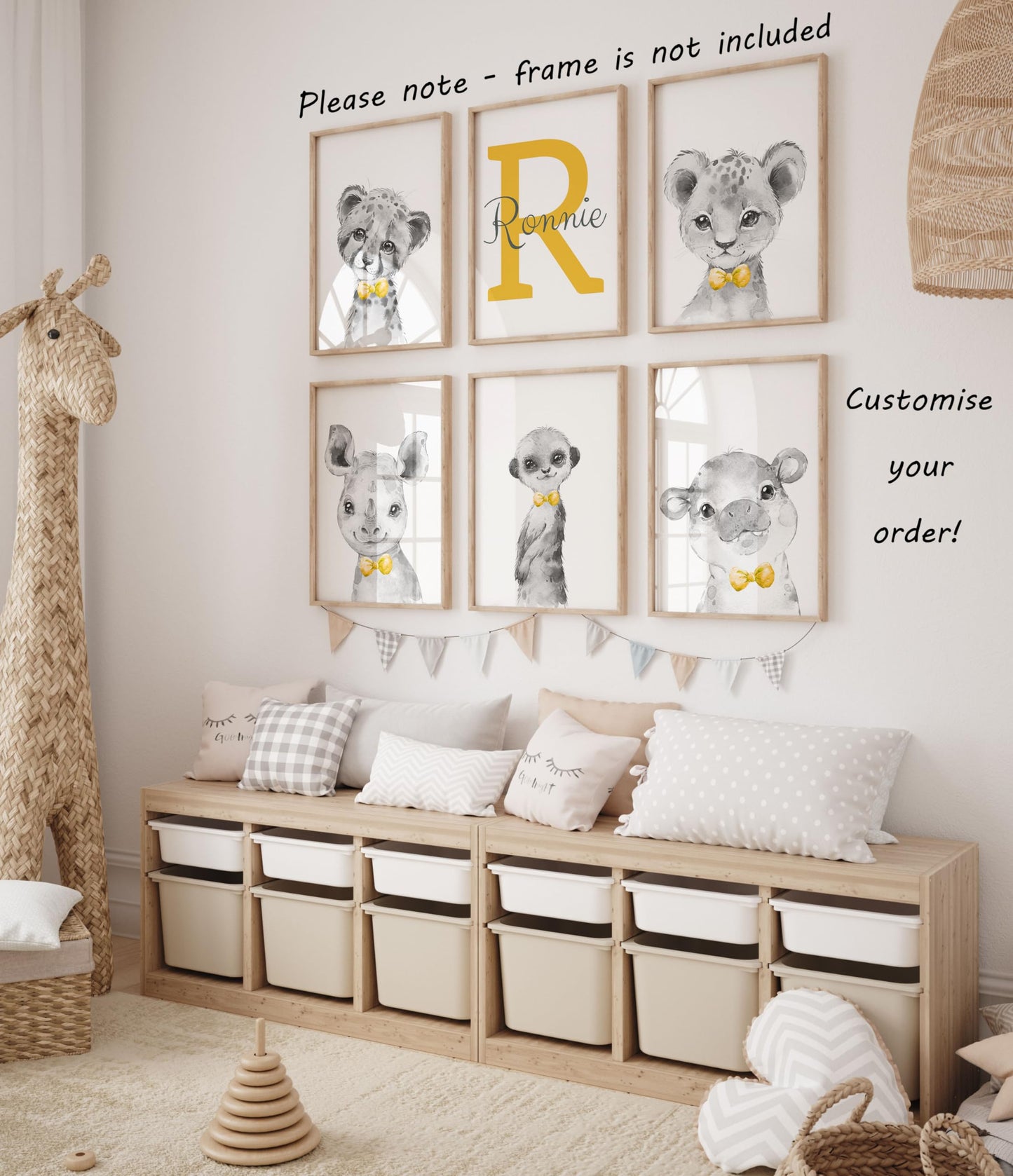 Personalized Safari Animals For Baby Boys Nursery Bedroom Unframed Set Of 6 Poster Prints, Personalized Name Blue Green Yellow B