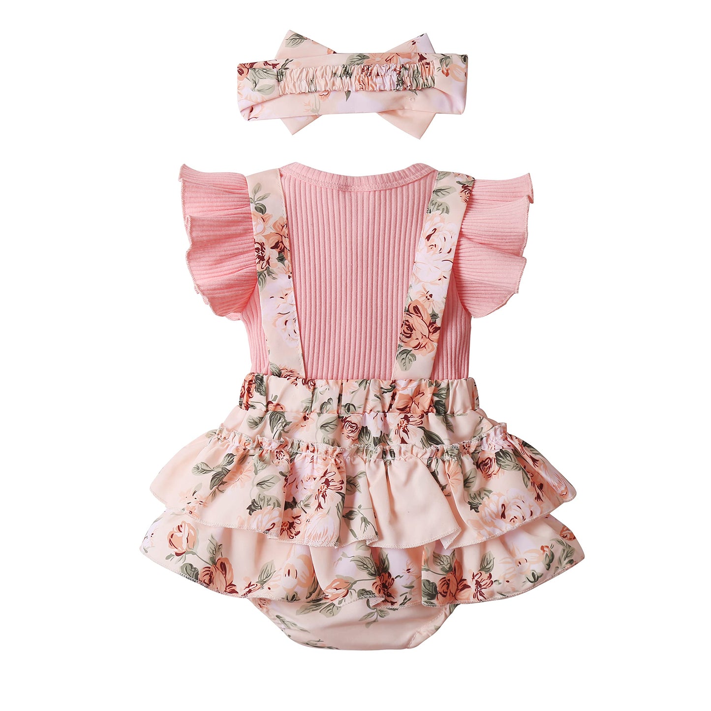 Mbmshegh Newborn Baby Girl Clothes Summer Infant Romper Outfit Short Sleeve Suspender Ribbed Shorts Clothing With Headband 0-3 M