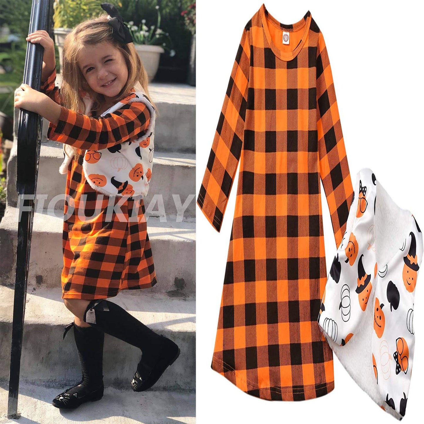 Fioukiay Toddler Girls'-Halloween-Outfit-Clothes-Dresses Long Sleeve Plaid Halloween Pumpkin Dress With Vest Coat (Orange, 5-6T)