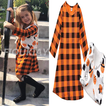 Fioukiay Toddler Girls'-Halloween-Outfit-Clothes-Dresses Long Sleeve Plaid Halloween Pumpkin Dress With Vest Coat (Orange, 5-6T)