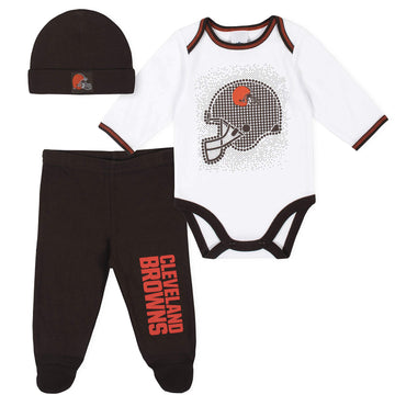 Gerber Nfl Cleveland Browns 3 Pack Bodysuit Footed Pant And Cap Registry Gift Set, Brown/White Cleveland Browns, 0-3M