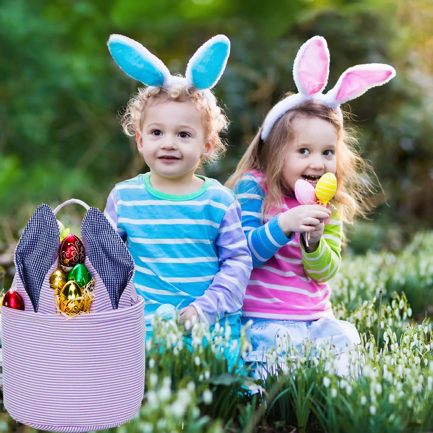 Leziazany Easter Basket Seersucker Egg Hunt Bunny Baskets For Kids With Cute Rabbit Ears Stripe Storage Gifts Candies Personaliz